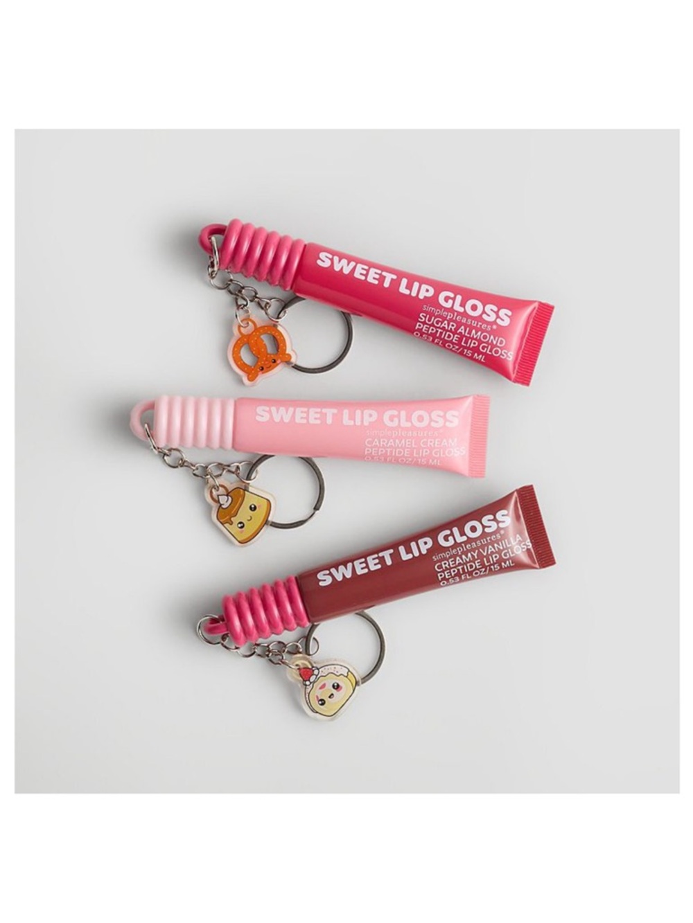 Sweet Lip Gloss Keychain Trio - Pink, Light Pink & Brown